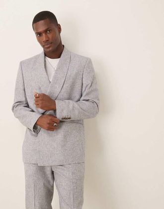 Asos Giacca da abito doppiopetto vestibilit&agrave; classica in misto lino blu a righe