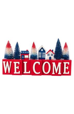 Glitzhome Patriotic Americana Wooden House Brush Trees Table Decor in Blue at Nordstrom, Size Medium