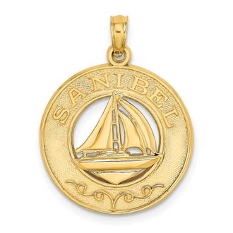 Diamond2Deal 14k Yellow Gold SANIBEL with Sailboat Circle Charm Pendant