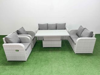 Fimous PE Rattan Garden Furniture Set Reclining Chair Sofa Double Love Seat 2 Seater Sofa Lounge Set Adjustable Lifting Dining or Coffee Table Light