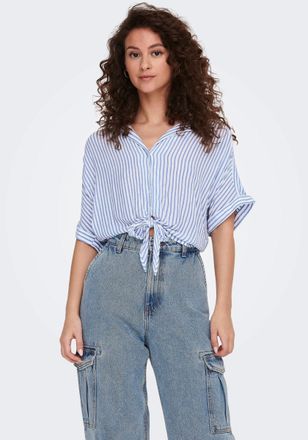 Only Kurzarmbluse ONLY ONLPAULA LIFE S/S TIE SHIRT WVN NOOS, Damen, Gr. XL, blau (cloud dancer stripes:blau stripes), Web, Obermaterial: 100% Viskose, gest