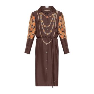 Versace Shirt Dresses, female, Brown, Size: 2XS Printed Silk Twill Mini Shirt Dress