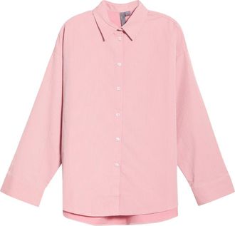 Sweaty Betty Summer Stripe Button-Up Shirt in Melrose Pink White Stripe at Nordstrom, Size X-Small