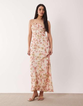 Asos Vestito sottoveste lungo rosa a fiori con finiture in pizzo-Multicolore