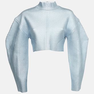 H&eacute;rve L&eacute;ger Blue Textured Lurex Knit Mock Neck Sweatshirt