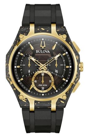 Bulova CURV Forged Carbon Chronograph Rubber Strap Watch, 44mm in Black at Nordstrom