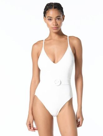 Michael Kors Bubble Logo Cross Back One-Piece Swimsuit in White at Nordstrom, Size 12