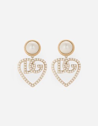 Dolce & Gabbana Drop Earrings With Cabochon Details And Dg Logo Heart - Woman Bijoux Gold Metal Onesize