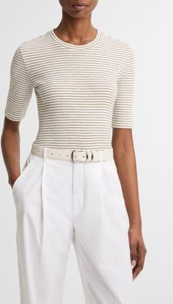Vince Stripe Elbow Sleeve Cotton Blend Knit Top in Tapenade Combo at Nordstrom, Size Xx-Small