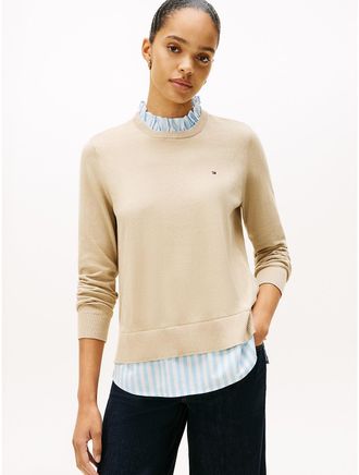 Tommy Hilfiger Womens Layered-Look Frill Collar Sweater - Beige - XS