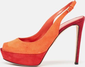 Sergio Rossi Orange Suede Peep Toe Platform Slingback Pumps