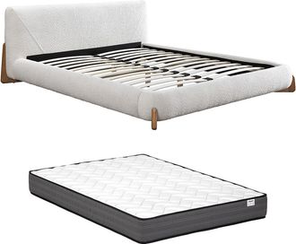 Vente-Unique Cama 160 x 200 cm - Tela rizada - Blanco y natural + Colch&oacute;n - GAMURA