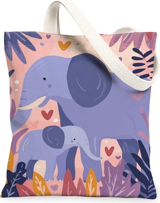 Generic Elephant Floral Canvas Tote Bags, Cute Animal Pattern Reusable Grocery Bags, Spring Vintage Lightweight Washable Shoulder S, Violet, 13x15 Inch