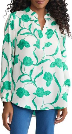 Jones New York Floral Long Sleeve Popover Shirt in White Sand Multi at Nordstrom, Size Small P
