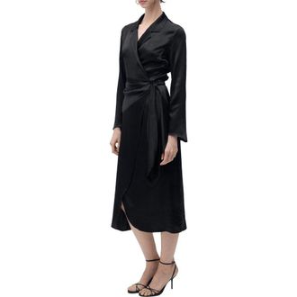 Mango Long Sleeve Satin Wrap Midi Shirtdress in Black at Nordstrom Rack, Size 2