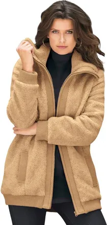 Roaman's Plus Size High Collar Teddy Fleece Bomber in Soft Camel at Nordstrom, Size Medium
