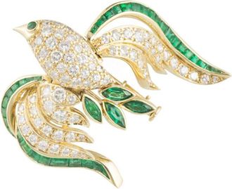 Bespoke Yellow Gold Bird Brooch with Emeralds & Diamonds