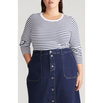 Universal Standard Rex Stripe Long Sleeve T-Shirt in White/Cenote Blue at Nordstrom, Size 3Xl