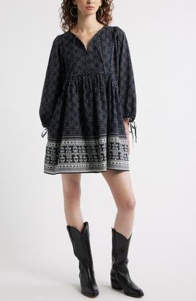 Treasure & Bond Long Sleeve Cotton Babydoll Dress in Black- Ivory Boho Border at Nordstrom Rack, Size Large/x-Large