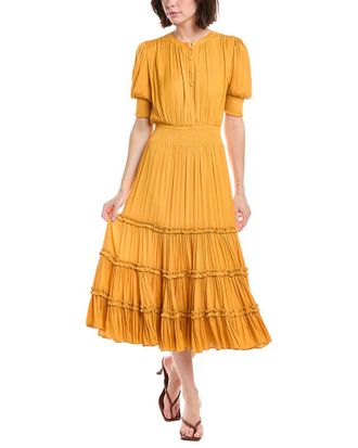 T Tahari Elbow Sleeve Split Neck Tiered Midi Dress