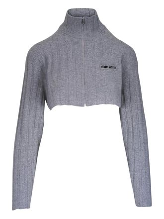 Miu Miu ribbed zip cardigan - women - Recycled Wool/Cashmere - 42 - Grey