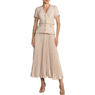 Mac Duggal Buttoned Boucl&eacute; Pleated Midi Dress in Blush at Nordstrom, Size 10