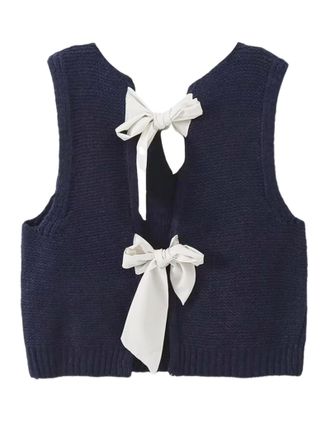 Generic Bow Tie Back Sweater Vest for Women, Y2k Sweater Vest Top Casual Crop Knit Cardigan Vest, Crewneck Sleeveless Knit Vest (Dark Blue,L)