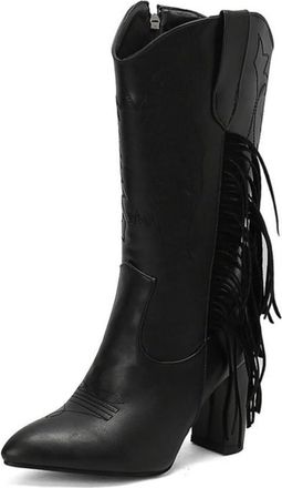 Generic Womens Mid-Calf Fringe Cowboy Boots with Embroidered Western Design, Chunky Block Heel,Black,7.5 UK