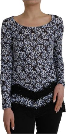 Just Cavalli Blauwe Bloemen Kant Lange Mouw Top - Dames - Blouses - Blauw - XL - Overhemden