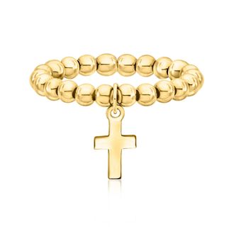 RS Pure by Ross-Simons 3mm 14kt Yellow Gold Bead Stretch Ring With Cross Charm