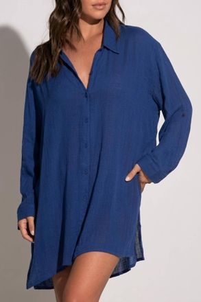 Elan Boyfriend Shirt Cover Up Top In Royal Blue