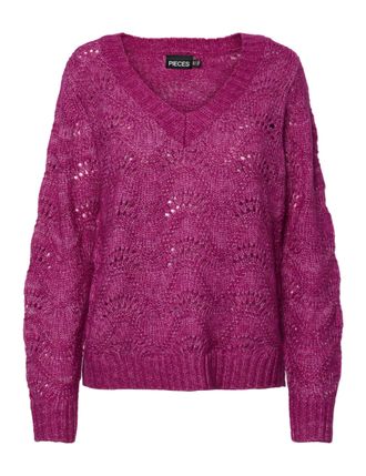 Pieces Womens Pcbibbi Ls V-Neck Knit Noos Bc Jumper, Festival Fuchsia, L