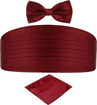 Generic L&L Adult Pre-Tied Bowtie Adjustable Cummerbund and handkerchief Pocket Square 3 pcs Set Satin Plain Solid (Wine red)