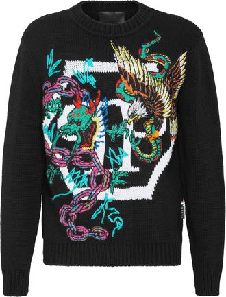 Philipp Plein Wool Cotton Pullover Round Neck LS Tattoo Patches