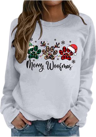 Generic Christmas Sweatshirt Women Christmas embroidered print with dog paw motif Jumper Long Sleeve T Shirt Unisex Pullover Causal Crewneck Tops for Women/Me