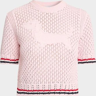 Thom Browne Hector Icon Short-Sleeve Pointelle Knit Sweater