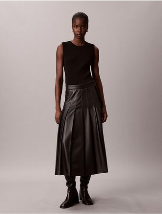 Calvin Klein Womens Faux Leather Pleated Midi Skirt - Black - 10