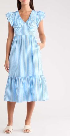 Sugarlips Stripe Ruffle Sleeve Cotton Dress in Blue-Wht-Stripe at Nordstrom, Size X-Small