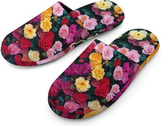 Generic Vibrant Roses Colorful Mens Slippers Flannel Warm House Shoes with Rubber Anti-Slip Sole Slip On for Home Outdoor