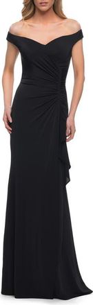 La Femme Off the Shoulder Ruched Jersey Gown in Black at Nordstrom, Size 20