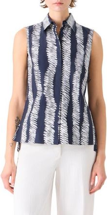 Akris Scribble Wave Print Sleeveless Cotton Poplin Button-Up Shirt in Black-Cream at Nordstrom, Size 16