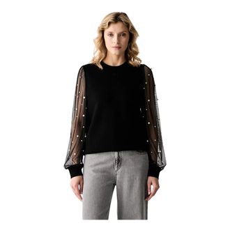Karl Lagerfeld Overhemden, Dames, Zwart, S, Polyester, Top met Faux-parels en Transparante Mouwen