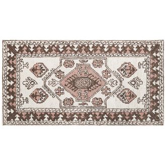 Beliani Alfombra De Lana Blanco Marr&oacute;n Rosa 80 X 150 Cm Oriental Hecho A Mano Tomarza