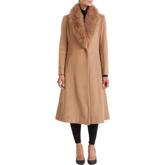 Sofiacashmere Toscana Genuine Dyed Lamb Shearling Collar Wool Blend Coat in Camel at Nordstrom Rack, Size 10