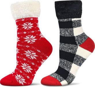 MeMoi Assorted 2-Pack Faux Fur Trim Nonslip Crew Socks in Black-Red at Nordstrom, Size 9