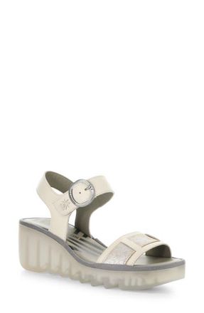 FLY London Beik Ankle Strap Platform Wedge Sandal in 000 Off White/Pl at Nordstrom, Size 10-10.5Us