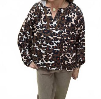 Jade Yoga Split Collar Peasant Top In Spiced Leopard