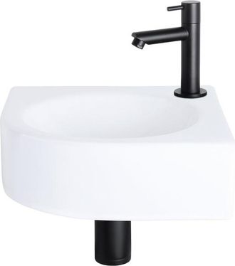 Differnz Cleo fonteinset - 30x30x10cm - Kwartrond - 1 kraangat - Recht matte zwarte kraan - Keramiek Wit
