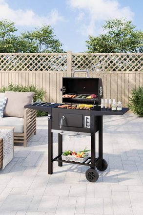 H&O Direct Black Metal Outdoor Charcoal Grill with Smoke Stack