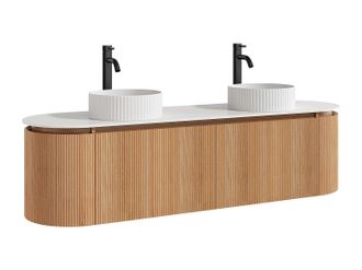 Vente-Unique Mueble de ba&ntilde;o suspendido estriado con doble lavabo sobre encimera redondo estriado y grifo - Natural claro - An. 180 cm - LILIKO